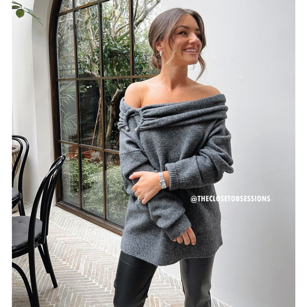 ZARA Bardot Off Shoulder Knit Sweater NWT Gray Foldover Neck Pearl Detail M - Picture 9 of 16